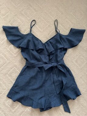 Sunset+Spring Chambray Blue Ruffle Cold-Shoulder Romper/ M
